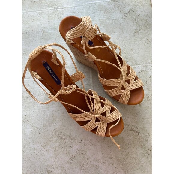 Ralph Lauren Purple Label 39.5 Beige Braided Raffia Wedge Sandals Cork Platform - Picture 2 of 11